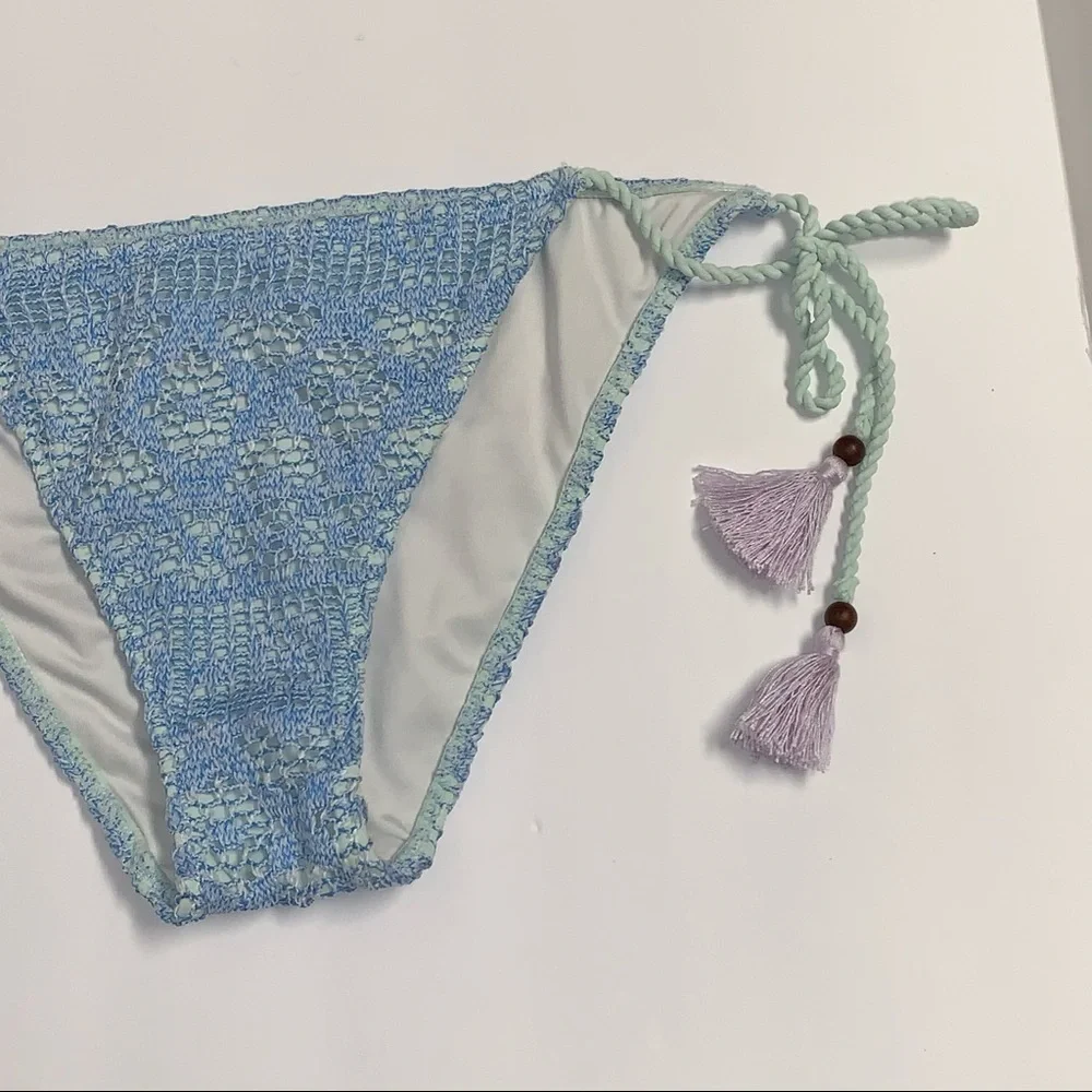 Victoria's Secret Size M Blue Crochet Lace Purple Tassels Bikini Swim Bottom